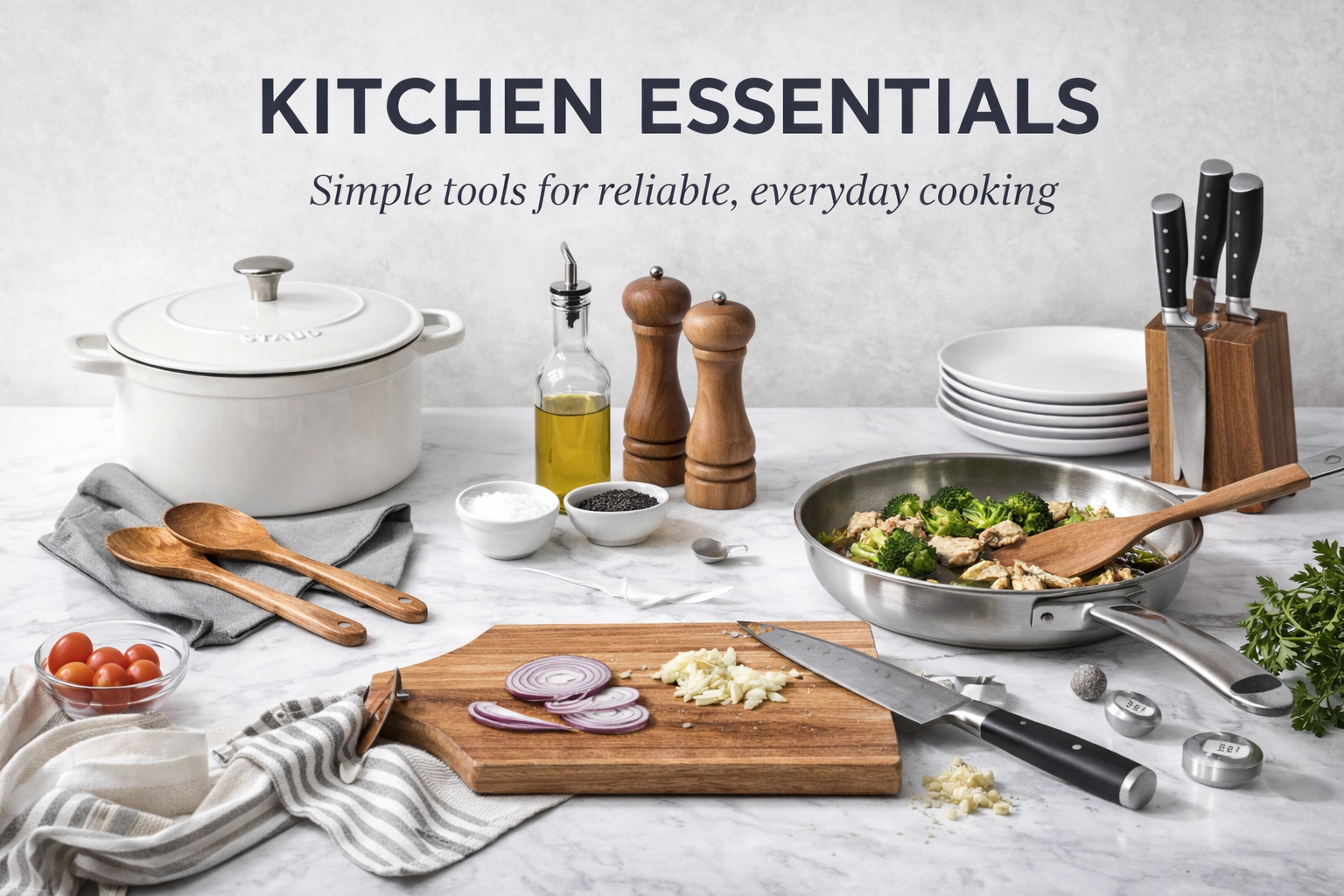 Kitchen essentials for everyday cooking including cookware tools and simple home kitchen products