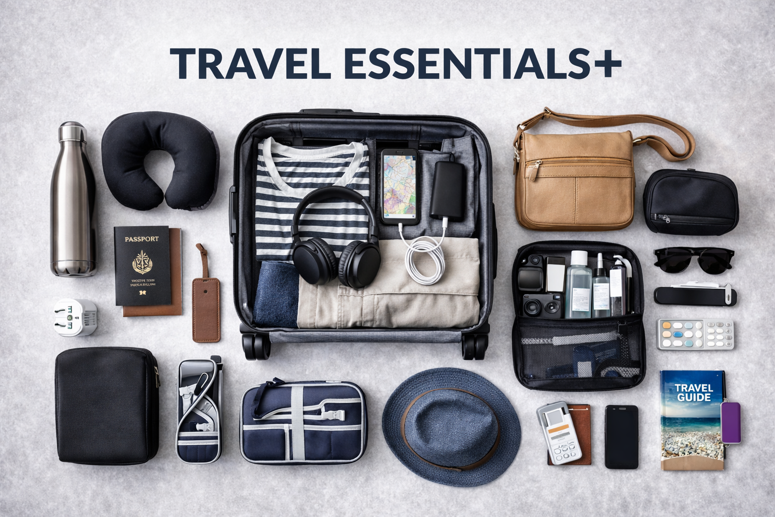 Travel essentials for organized trips including travel gear packing accessories and everyday travel tools