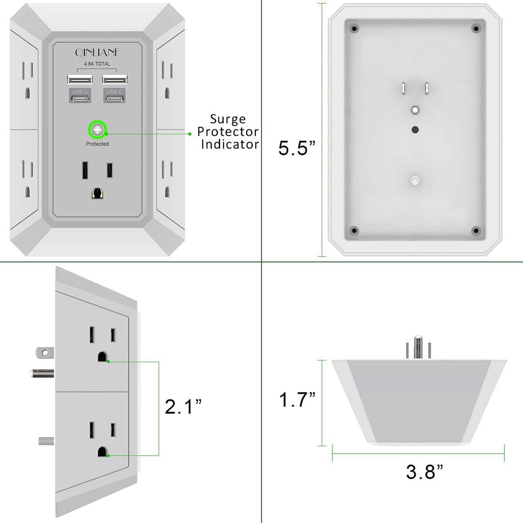 Wall Charger, Surge Protector, QINLIANF 5 Outlet Extender with 4 USB Charging Ports (4.8A Total) 3-Sided 1680J Power Strip Multi Plug Adapter Spaced for Home Travel Office (3U1C)