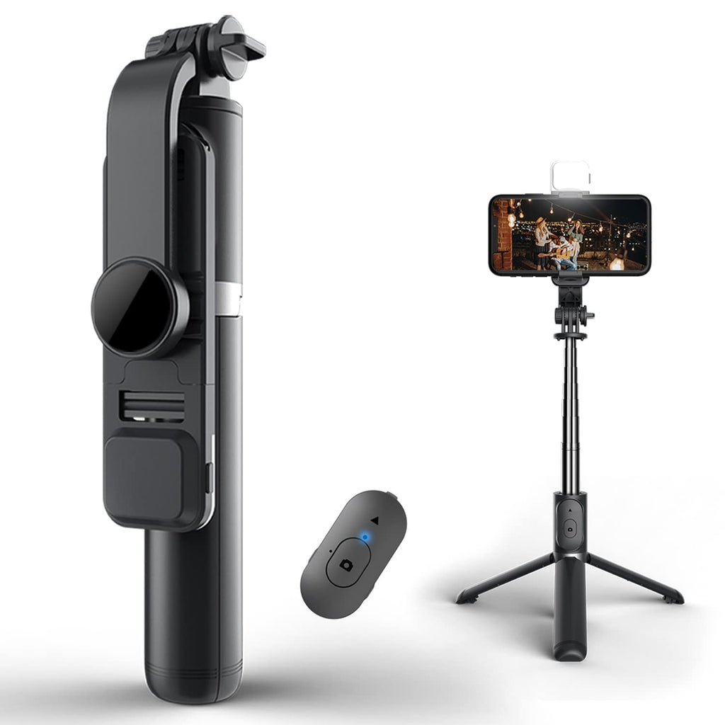 Selfie Stick Tripod with Light, All in One Cell Phone Tripod, Cellphone Tripod with Wireless Remote and Phone Holder, Portable, Lightweight,Compatible with All Phones(Black)