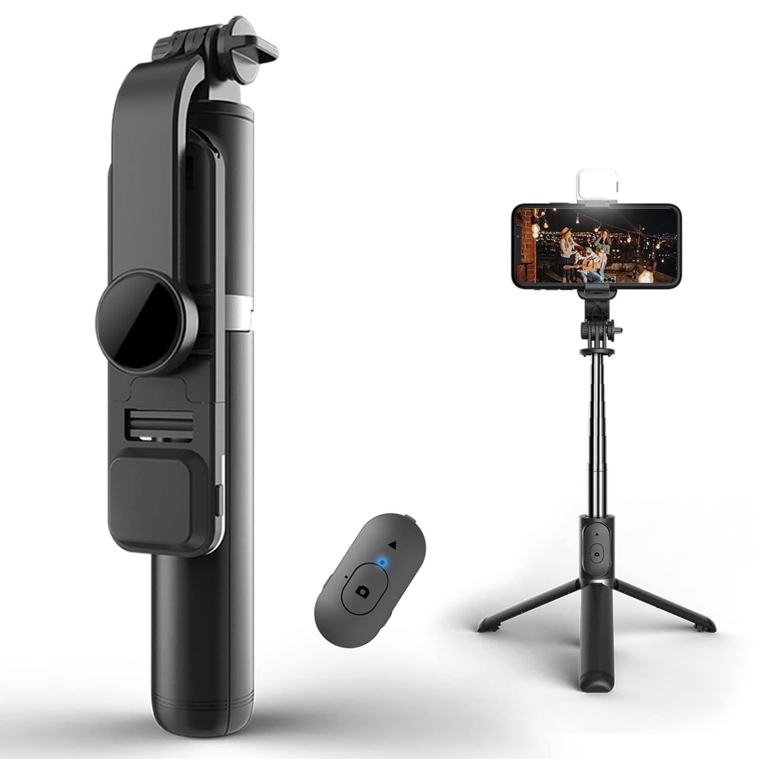 Selfie Stick Tripod with Light, All in One Cell Phone Tripod, Cellphone Tripod with Wireless Remote and Phone Holder, Portable, Lightweight,Compatible with All Phones(Black)