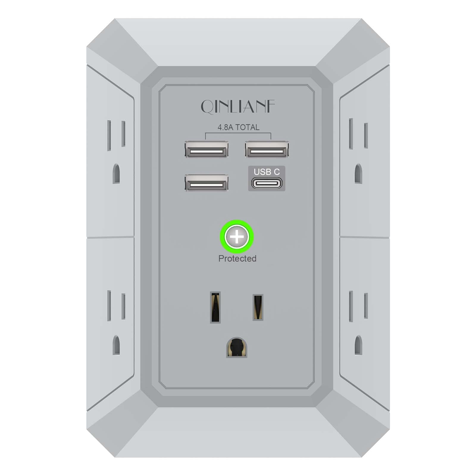 Wall Charger, Surge Protector, QINLIANF 5 Outlet Extender with 4 USB Charging Ports (4.8A Total) 3-Sided 1680J Power Strip Multi Plug Adapter Spaced for Home Travel Office (3U1C)