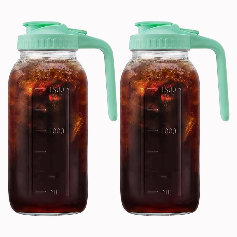 64oz Glass Pitcher with Handle and Lid, 2 Quart Mason Jar Pitcher - Airtight & Leakproof Water Jug with Pour Spout Lid, Glass Containers for Fridge, Perfect for Juice, Cold Brew, Iced & Sun Tea