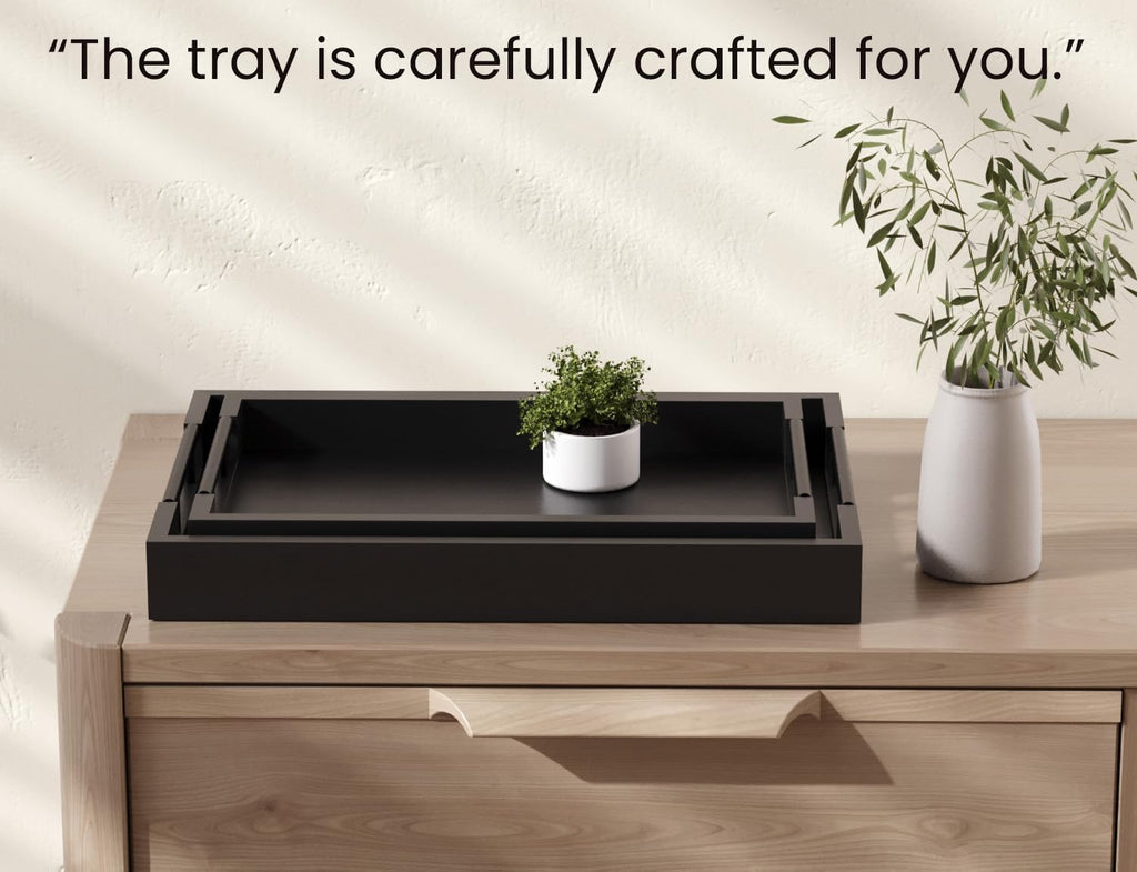 Bamboo Set of 2 Serving Tray with Metal Handles,Ottoman Decorative Trays Platter for Coffee Table,Living Room,Bar,Party(Black)