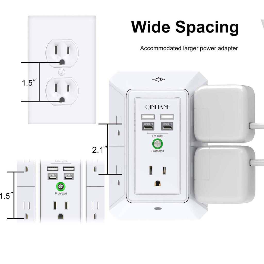 Wall Charger, Surge Protector, QINLIANF 5 Outlet Extender with 4 USB Charging Ports (4.8A Total) 3-Sided 1680J Power Strip Multi Plug Adapter Spaced for Home Travel Office (3U1C)