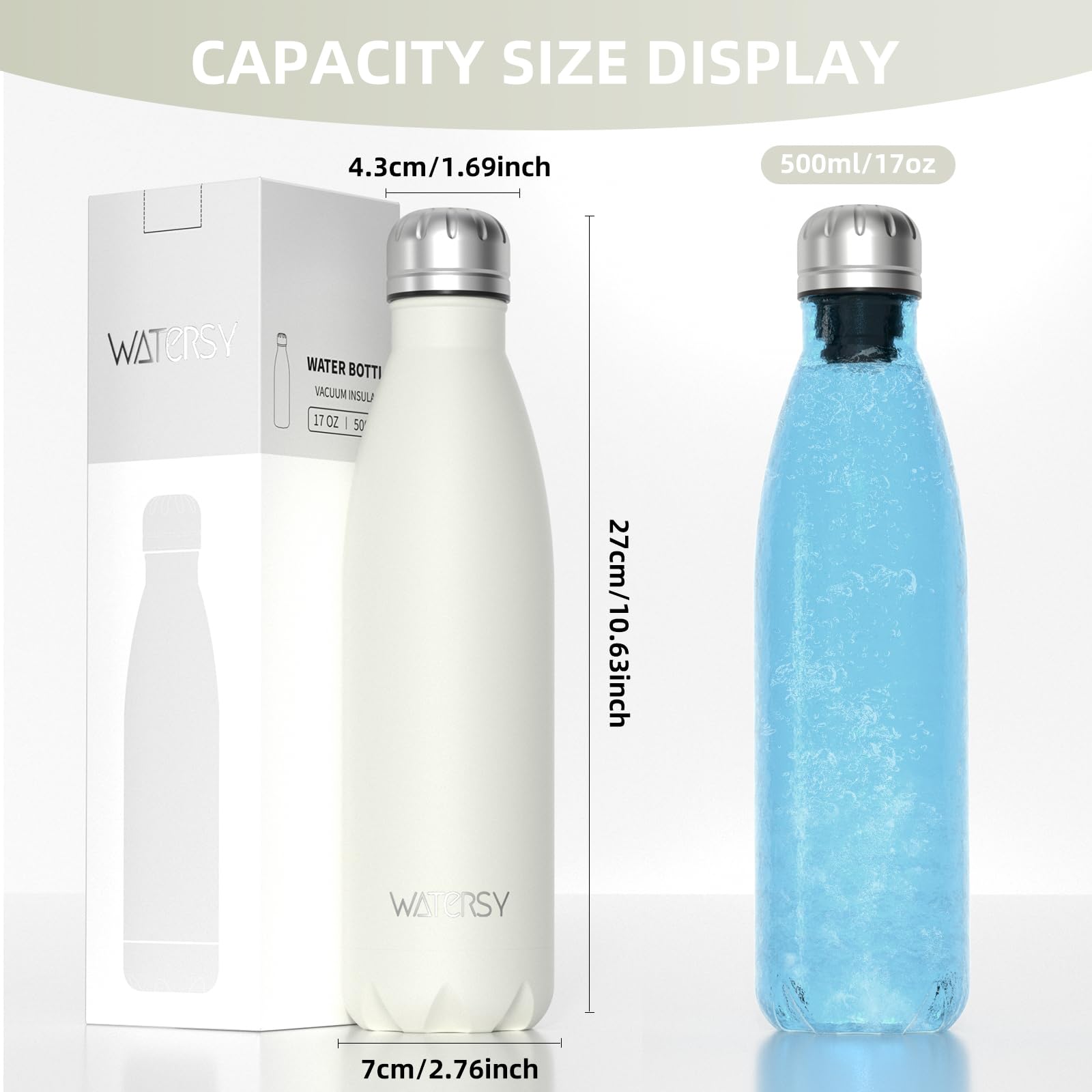 WATERSY Stainless Steel water bottles,17oz/500ml Insulated Water Bottles,Deep Blue metal water bottle Keeps Drink Cold and Hot,BPA Free kids water bottles for School,Gym,Travel,Sports