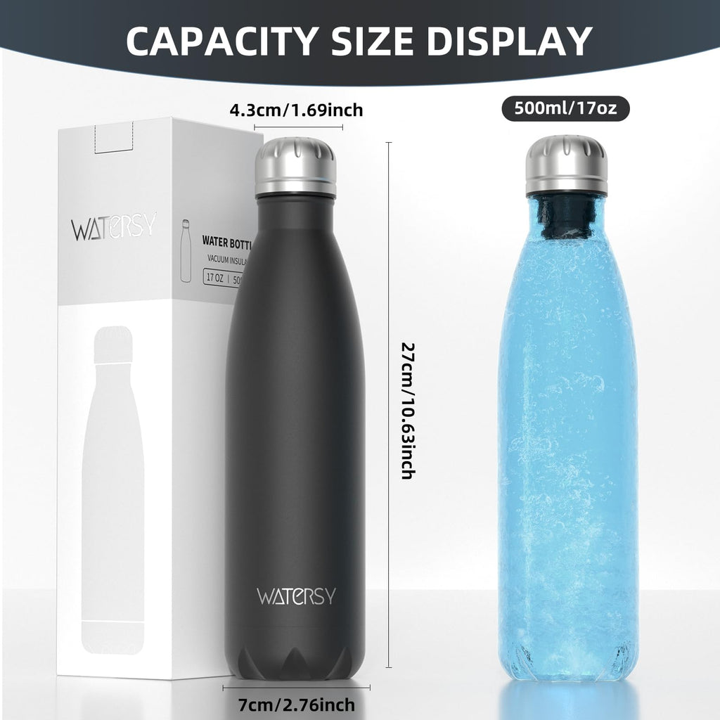 WATERSY Stainless Steel water bottles,17oz/500ml Insulated Water Bottles,Deep Blue metal water bottle Keeps Drink Cold and Hot,BPA Free kids water bottles for School,Gym,Travel,Sports