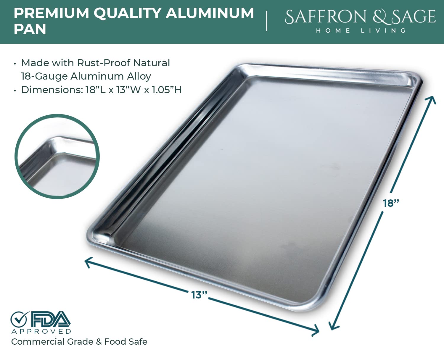 Commercial Quality Cookie Sheet Pan - 2 Pack Aluminum Half Sheet Baking Pan by Saffron & Sage Home Living - This 18x13 Baking Sheet Set is Rust & Warp Resistant, Heavy Duty, of Thick Gauge