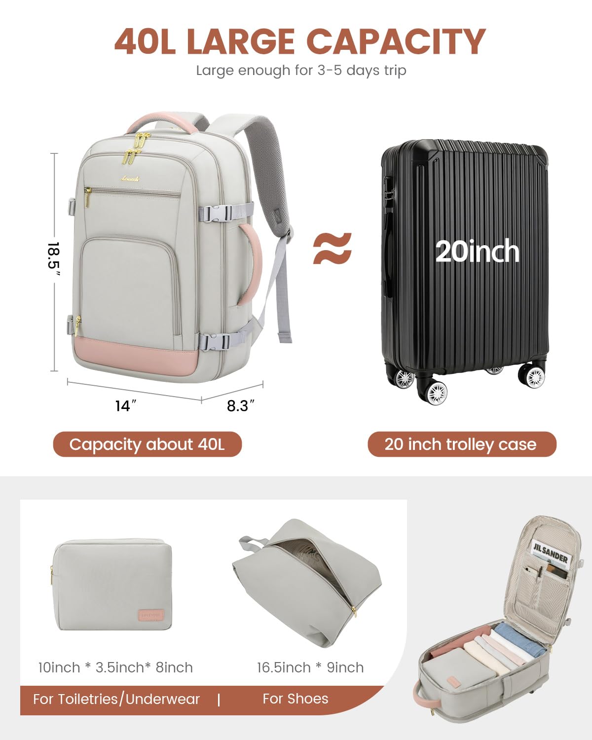 LOVEVOOK Carry On Travel Backpack For Women Men Flight Approved, 40L Personal Item Backpack for Airplanes, Business Weekender Overnight Daypack Fits 17 Inch Laptop, With 2 Packing Cubes, Black