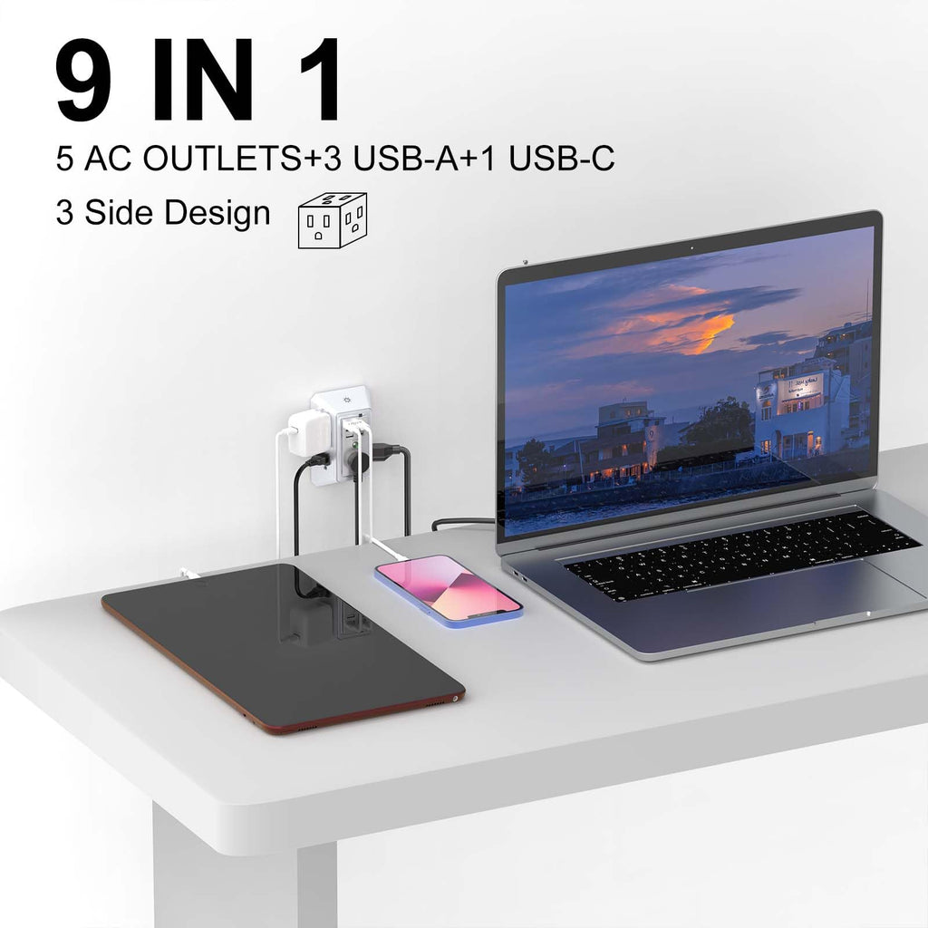 Wall Charger, Surge Protector, QINLIANF 5 Outlet Extender with 4 USB Charging Ports (4.8A Total) 3-Sided 1680J Power Strip Multi Plug Adapter Spaced for Home Travel Office (3U1C)