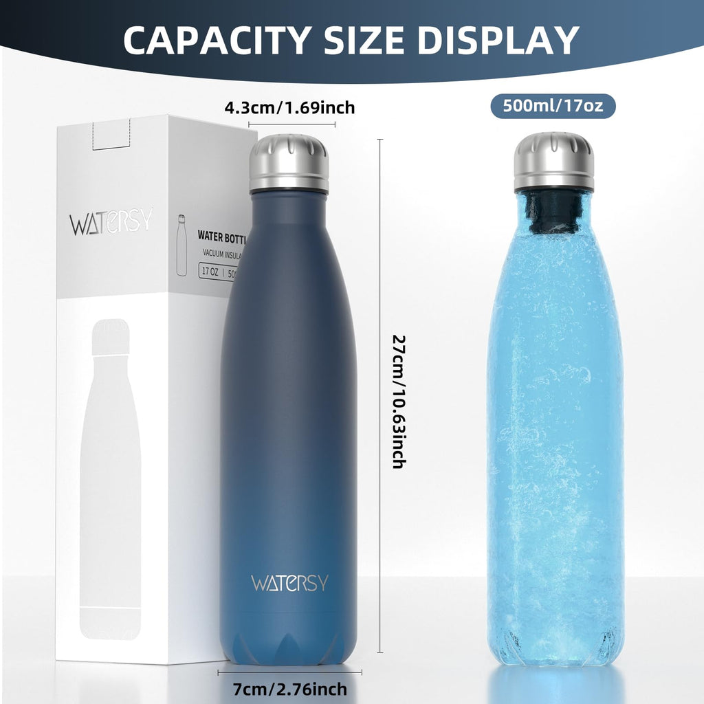 WATERSY Stainless Steel water bottles,17oz/500ml Insulated Water Bottles,Deep Blue metal water bottle Keeps Drink Cold and Hot,BPA Free kids water bottles for School,Gym,Travel,Sports