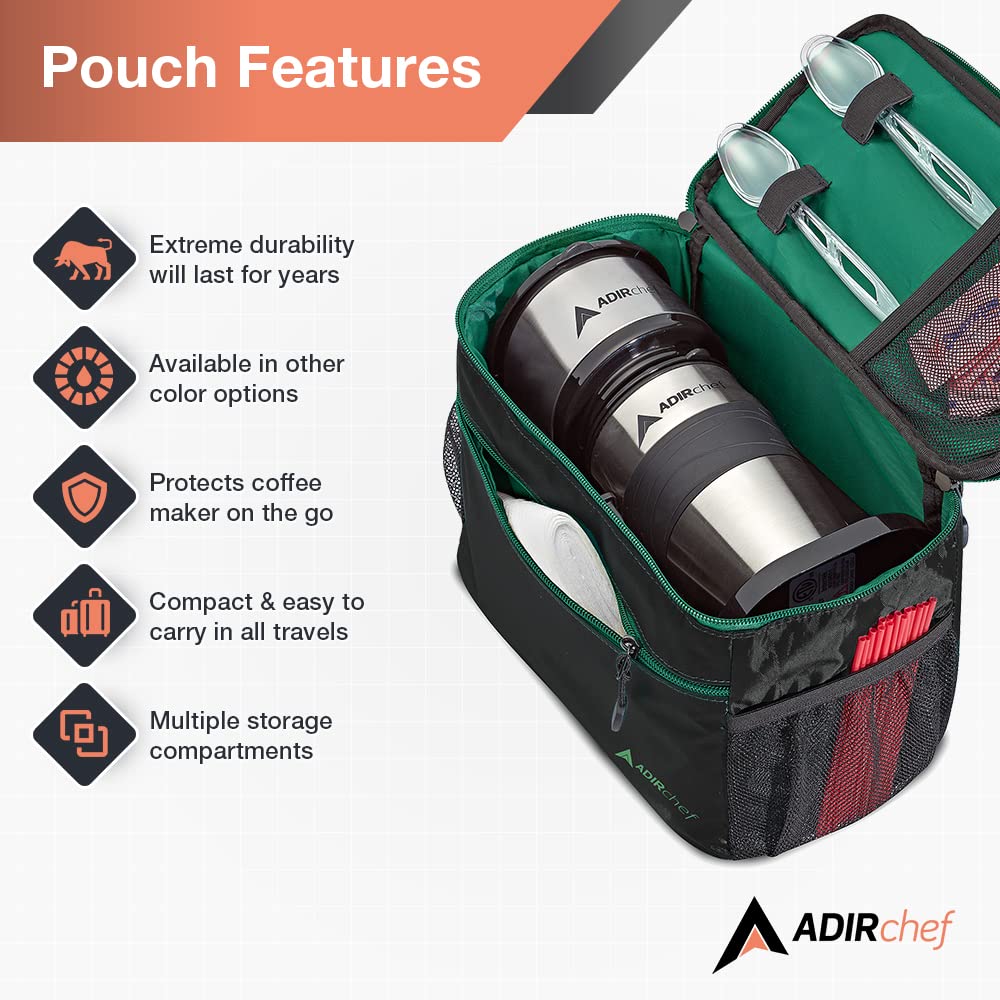 Adir Mini Single Serve Travel Coffee Maker Pouch Organizer, Portable For Travel, Camping, Office Lunch Bag For Grab & Go Daily Use (Black & Green)