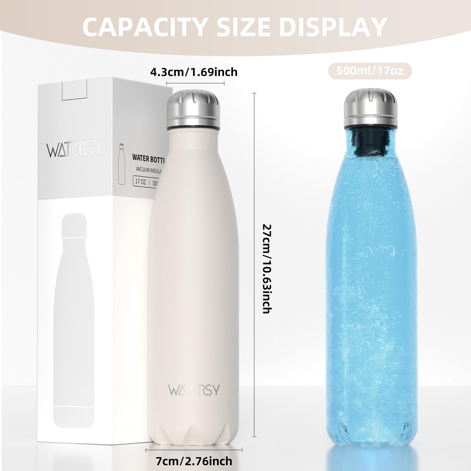 WATERSY Stainless Steel water bottles,17oz/500ml Insulated Water Bottles,Deep Blue metal water bottle Keeps Drink Cold and Hot,BPA Free kids water bottles for School,Gym,Travel,Sports