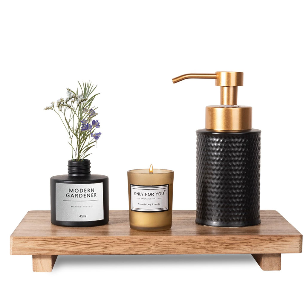 zoocatia Small Wood Tray Pedestal Stand Farmhouse Bathroom Decor Decorative Wooden Riser Kitchen Soap Dish Holder for Vanity, Counter, Sink, 9" x 5.9" - Black