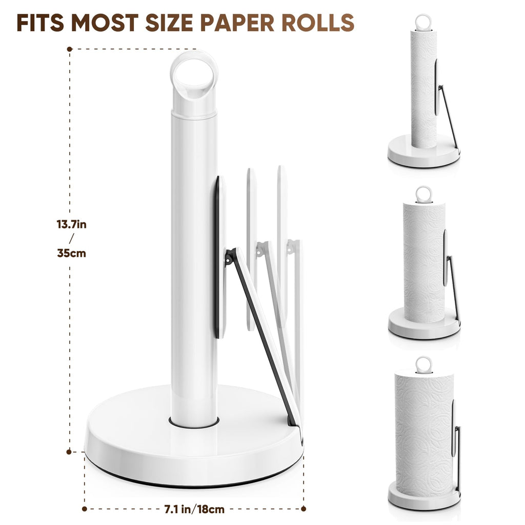 theaoo Heavy-Duty Stainless Steel Paper Towel Holder with Tension Arm – Easy One-Handed Tear, Modern Standing Countertop Dispenser for Kitchen, Holds All Paper Towel Rolls (1, Black)