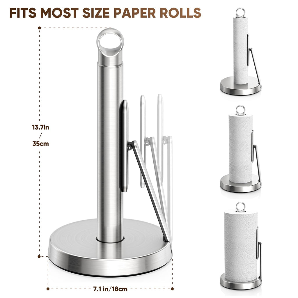 theaoo Heavy-Duty Stainless Steel Paper Towel Holder with Tension Arm – Easy One-Handed Tear, Modern Standing Countertop Dispenser for Kitchen, Holds All Paper Towel Rolls (1, Black)