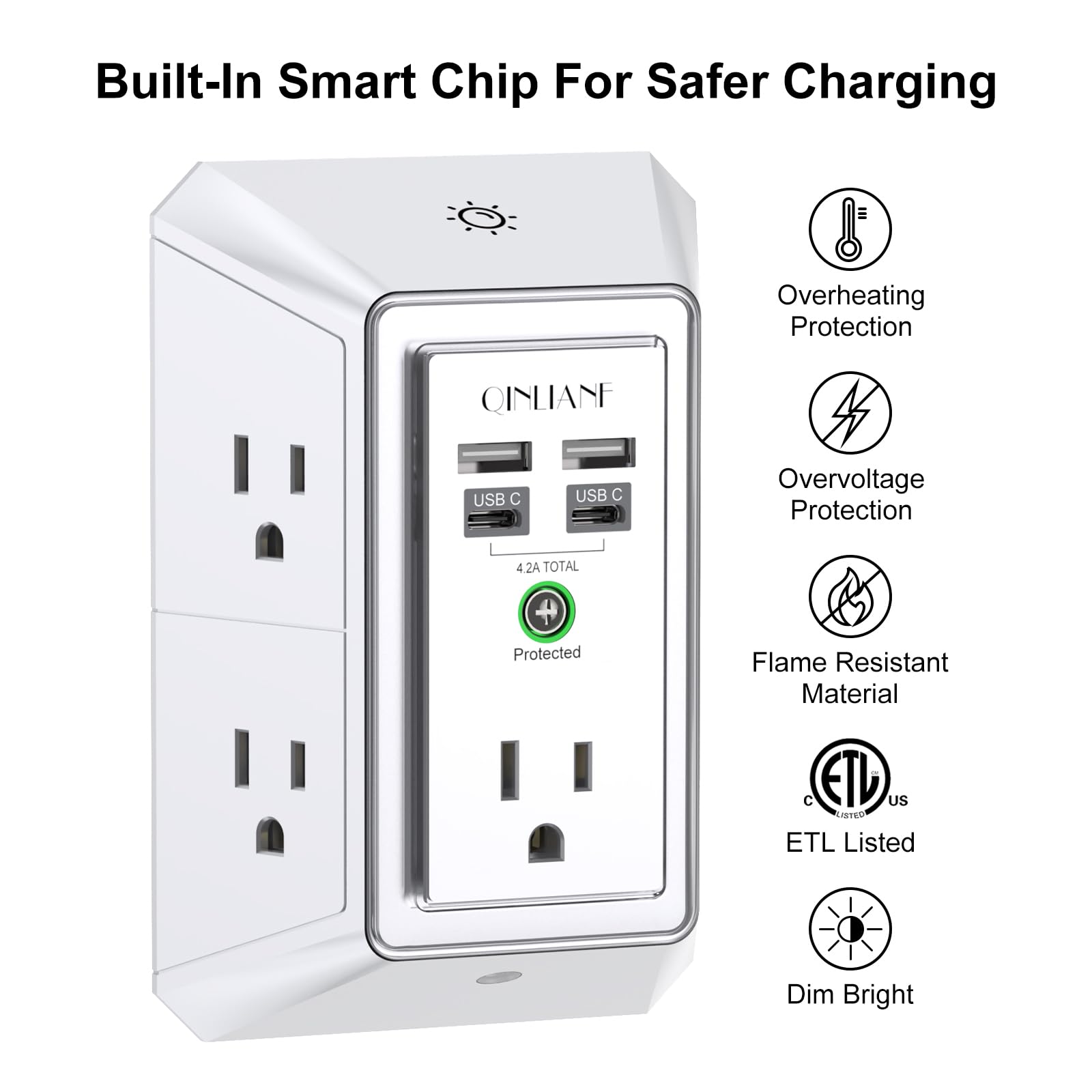 Wall Charger, Surge Protector, QINLIANF 5 Outlet Extender with 4 USB Charging Ports (4.8A Total) 3-Sided 1680J Power Strip Multi Plug Adapter Spaced for Home Travel Office (3U1C)