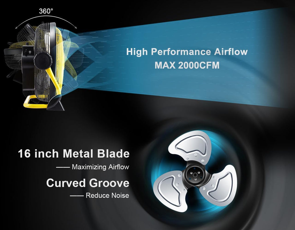 Geek Aire Rechargeable Outdoor High Velocity Camping Floor Fan, 16” Portable Battery Operated Fan with Metal Blade for Garage Camping Gear Accessories