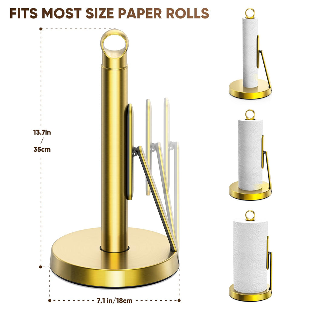 theaoo Heavy-Duty Stainless Steel Paper Towel Holder with Tension Arm – Easy One-Handed Tear, Modern Standing Countertop Dispenser for Kitchen, Holds All Paper Towel Rolls (1, Black)