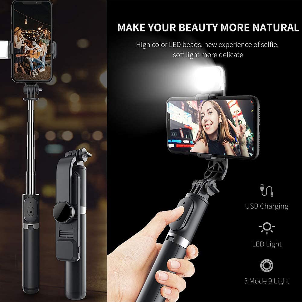 Selfie Stick Tripod with Light, All in One Cell Phone Tripod, Cellphone Tripod with Wireless Remote and Phone Holder, Portable, Lightweight,Compatible with All Phones(Black)
