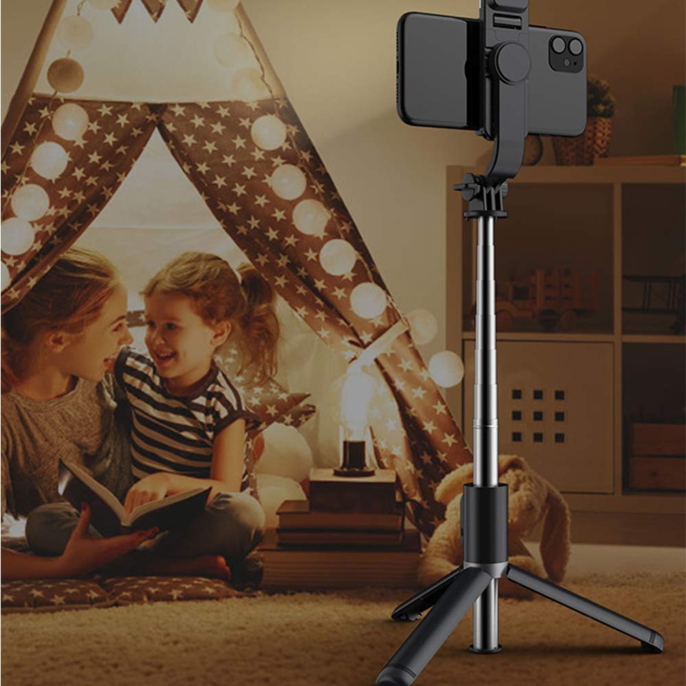 Selfie Stick Tripod with Light, All in One Cell Phone Tripod, Cellphone Tripod with Wireless Remote and Phone Holder, Portable, Lightweight,Compatible with All Phones(Black)