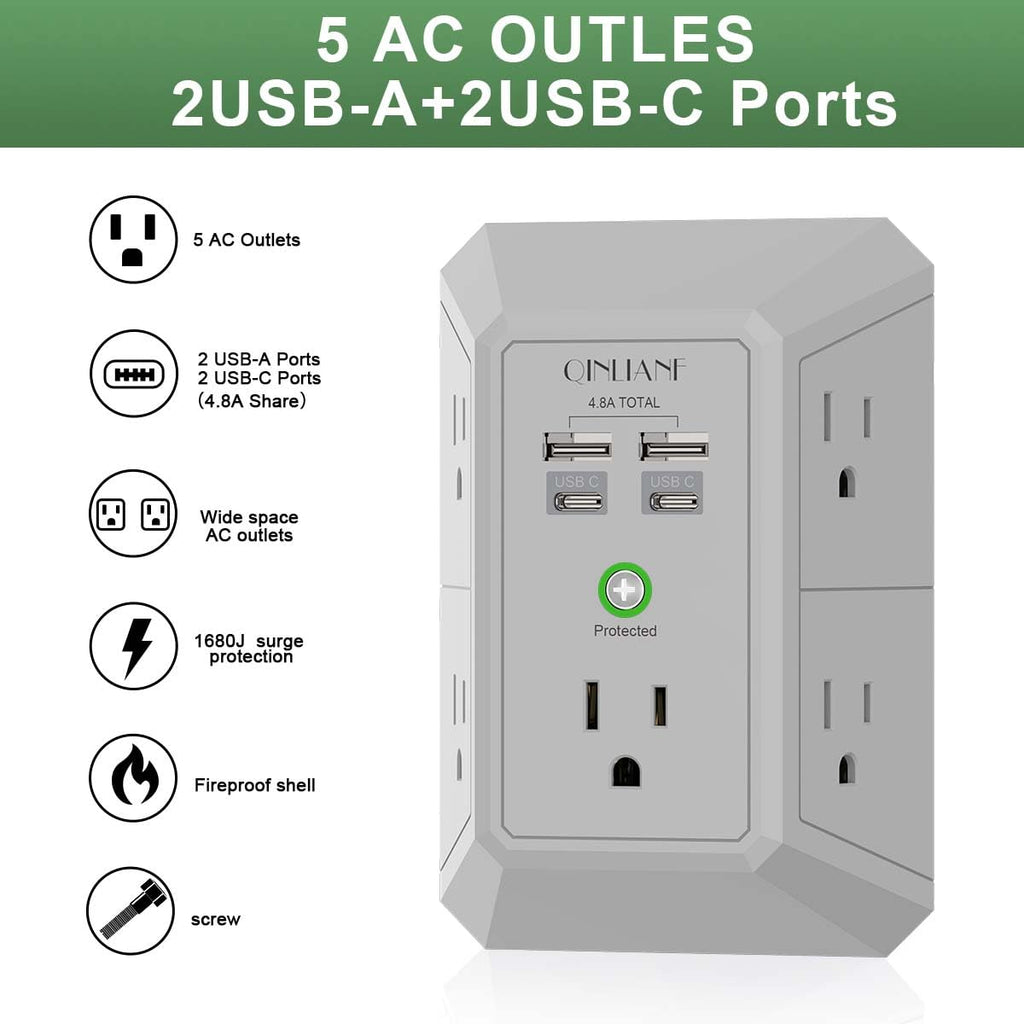 Wall Charger, Surge Protector, QINLIANF 5 Outlet Extender with 4 USB Charging Ports (4.8A Total) 3-Sided 1680J Power Strip Multi Plug Adapter Spaced for Home Travel Office (3U1C)