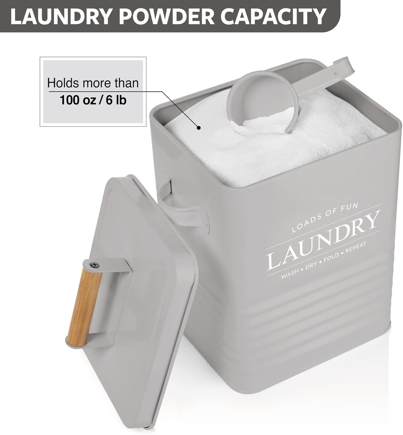 Calindiana Modern Farmhouse Metal Laundry Soap Dispenser Container Holder with Scoop for Laundry Room Decor and Space Saving Laundry Room Organization and Storage, Laundry Powder Container, Black