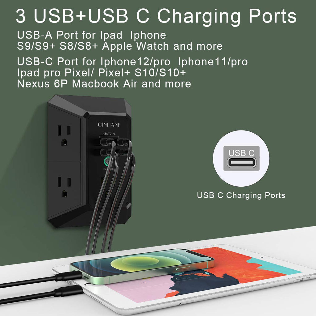 Wall Charger, Surge Protector, QINLIANF 5 Outlet Extender with 4 USB Charging Ports (4.8A Total) 3-Sided 1680J Power Strip Multi Plug Adapter Spaced for Home Travel Office (3U1C)