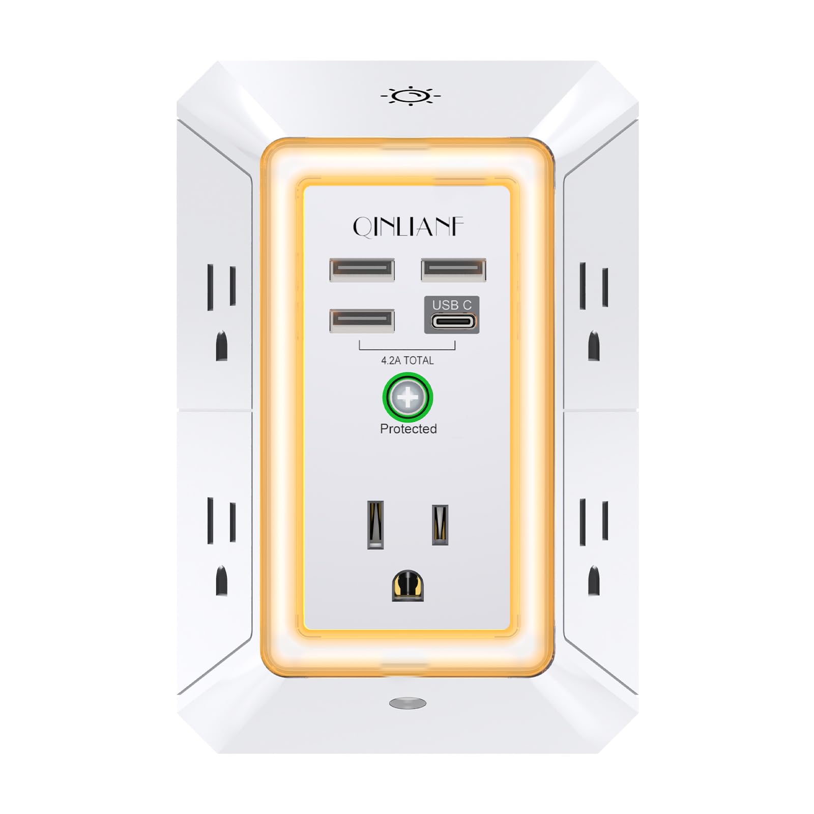 Wall Charger, Surge Protector, QINLIANF 5 Outlet Extender with 4 USB Charging Ports (4.8A Total) 3-Sided 1680J Power Strip Multi Plug Adapter Spaced for Home Travel Office (3U1C)