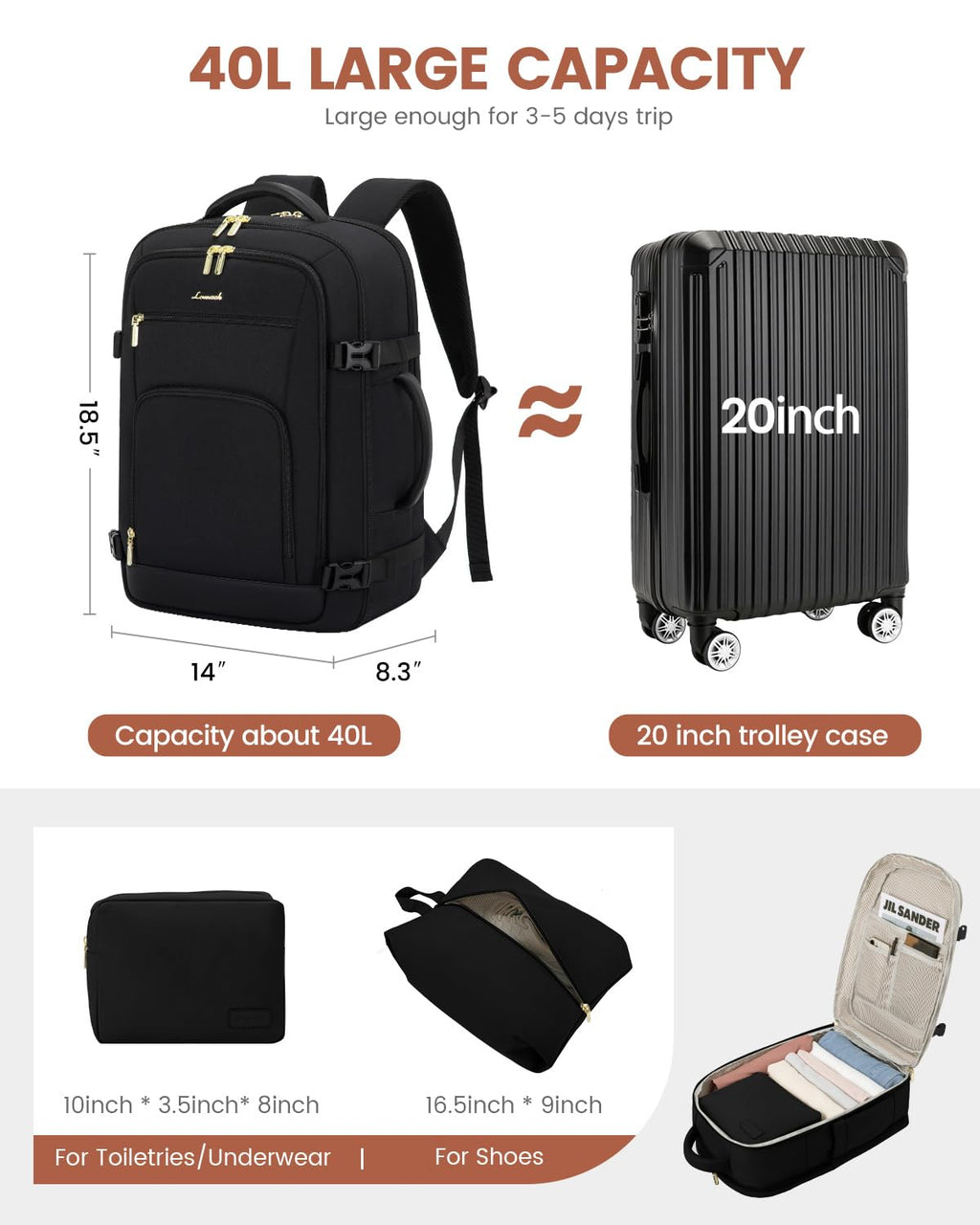 LOVEVOOK Carry On Travel Backpack For Women Men Flight Approved, 40L Personal Item Backpack for Airplanes, Business Weekender Overnight Daypack Fits 17 Inch Laptop, With 2 Packing Cubes, Black