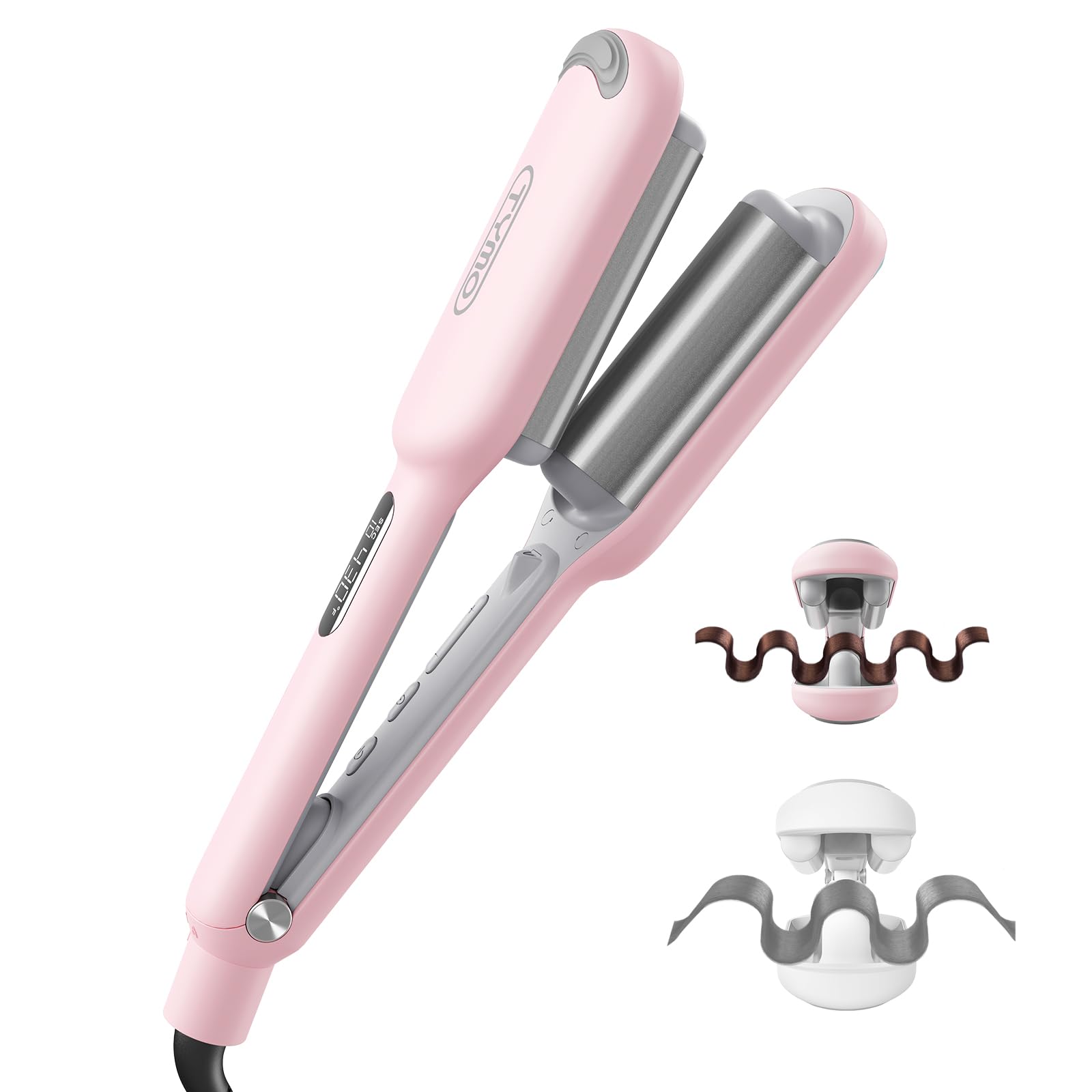 Curling Iron Hair Crimper Waver - TYMO ROVY Beach Waves Curling Wand, Ionic Deep Waver Hair Curler Tool with Ceramic 3 Barrel for Women, Dual Voltage, Anti-Scald, Easy to Use, Pink, 1.25 Inch