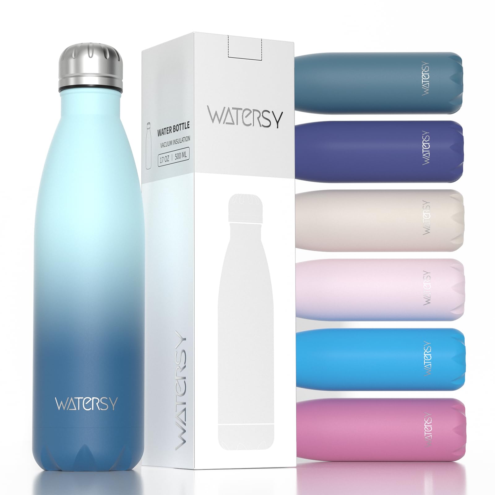 WATERSY Stainless Steel water bottles,17oz/500ml Insulated Water Bottles,Deep Blue metal water bottle Keeps Drink Cold and Hot,BPA Free kids water bottles for School,Gym,Travel,Sports