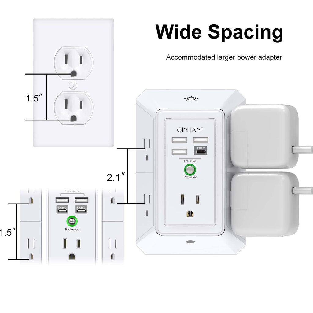 Wall Charger, Surge Protector, QINLIANF 5 Outlet Extender with 4 USB Charging Ports (4.8A Total) 3-Sided 1680J Power Strip Multi Plug Adapter Spaced for Home Travel Office (3U1C)