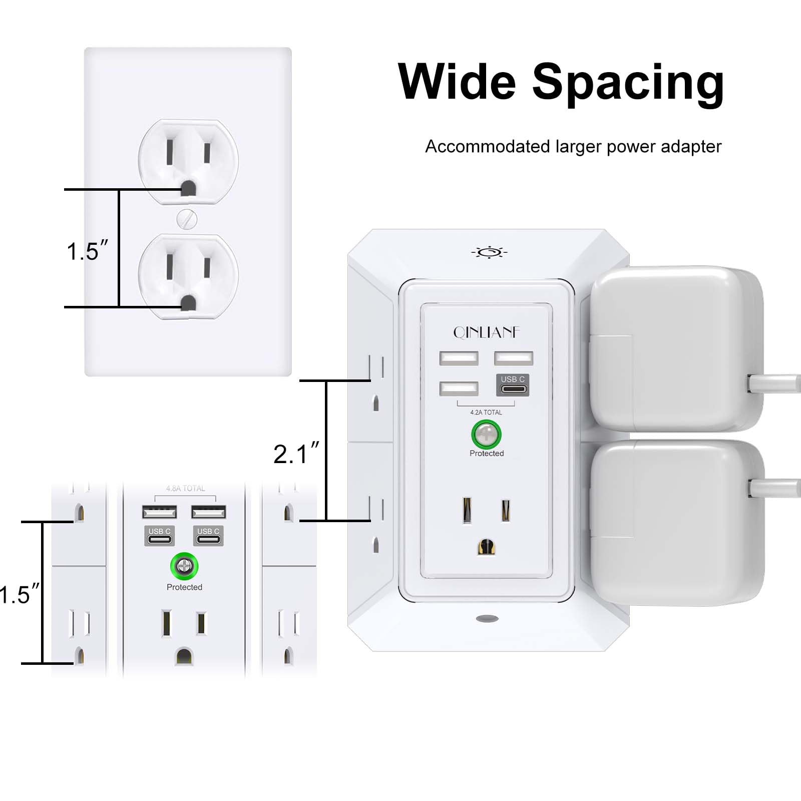 Wall Charger, Surge Protector, QINLIANF 5 Outlet Extender with 4 USB Charging Ports (4.8A Total) 3-Sided 1680J Power Strip Multi Plug Adapter Spaced for Home Travel Office (3U1C)