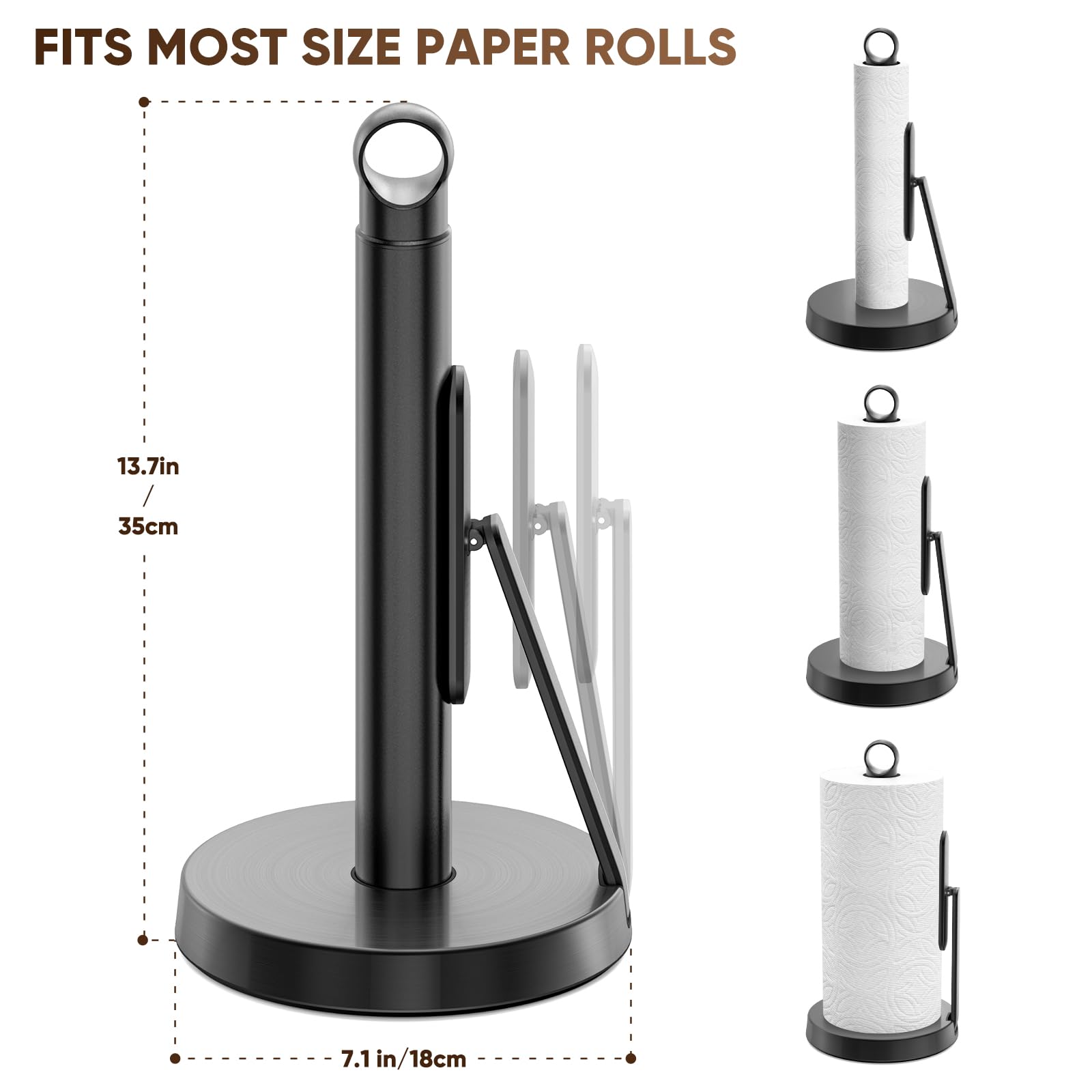 theaoo Heavy-Duty Stainless Steel Paper Towel Holder with Tension Arm – Easy One-Handed Tear, Modern Standing Countertop Dispenser for Kitchen, Holds All Paper Towel Rolls (1, Black)