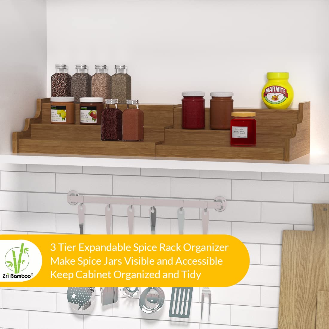 Spice Rack Kitchen Cabinet Organizer- 3 Tier Bamboo Expandable Display Shelf Yellow