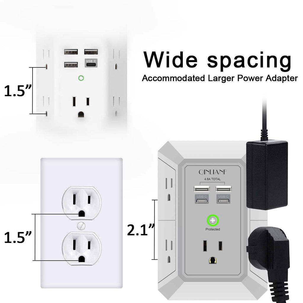 Wall Charger, Surge Protector, QINLIANF 5 Outlet Extender with 4 USB Charging Ports (4.8A Total) 3-Sided 1680J Power Strip Multi Plug Adapter Spaced for Home Travel Office (3U1C)