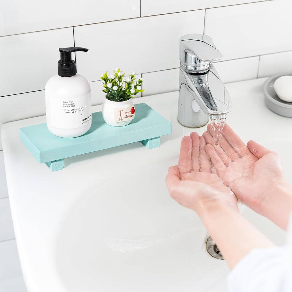 zoocatia Small Wood Tray Pedestal Stand Farmhouse Bathroom Decor Decorative Wooden Riser Kitchen Soap Dish Holder for Vanity, Counter, Sink, 9" x 5.9" - Black