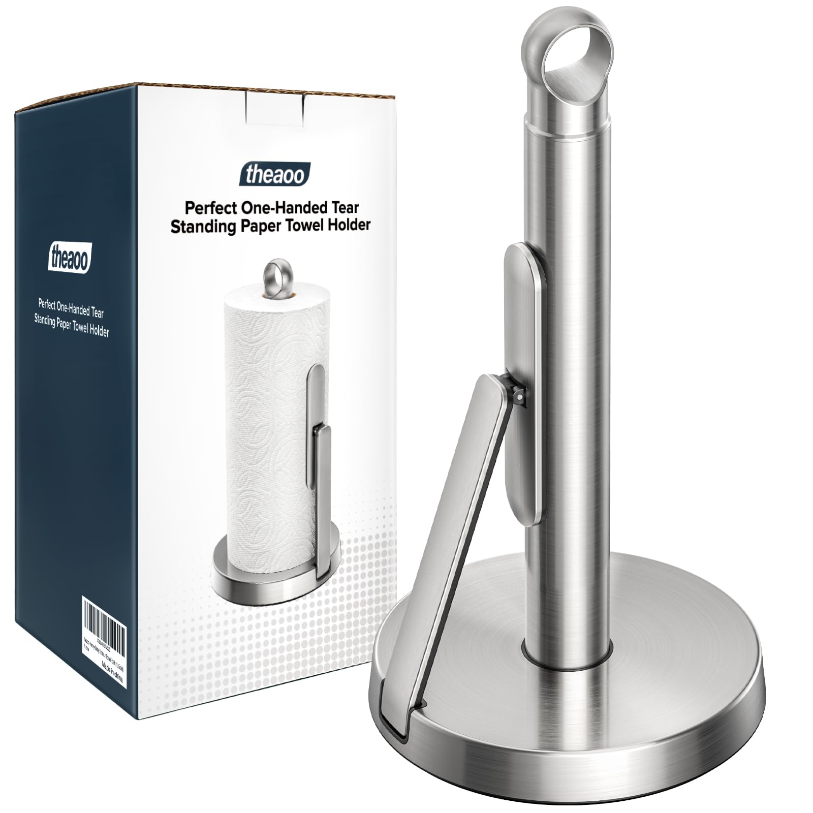 theaoo Heavy-Duty Stainless Steel Paper Towel Holder with Tension Arm – Easy One-Handed Tear, Modern Standing Countertop Dispenser for Kitchen, Holds All Paper Towel Rolls (1, Black)