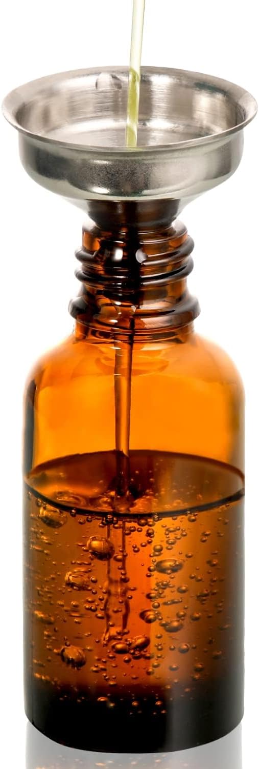 4 Pack, 2 oz Bottles with Dropper & 1 Funnel & 4 Labels - Essential Oils Bottles for Health, Personal Care & Beauty - 60ml Thick Dark Amber Glass Tincture Bottles, Refillable Cosmetic Containers
