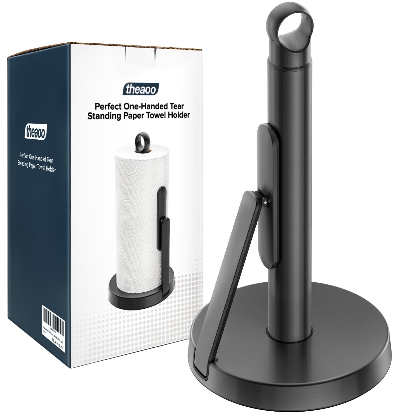 theaoo Heavy-Duty Stainless Steel Paper Towel Holder with Tension Arm – Easy One-Handed Tear, Modern Standing Countertop Dispenser for Kitchen, Holds All Paper Towel Rolls (1, Black)