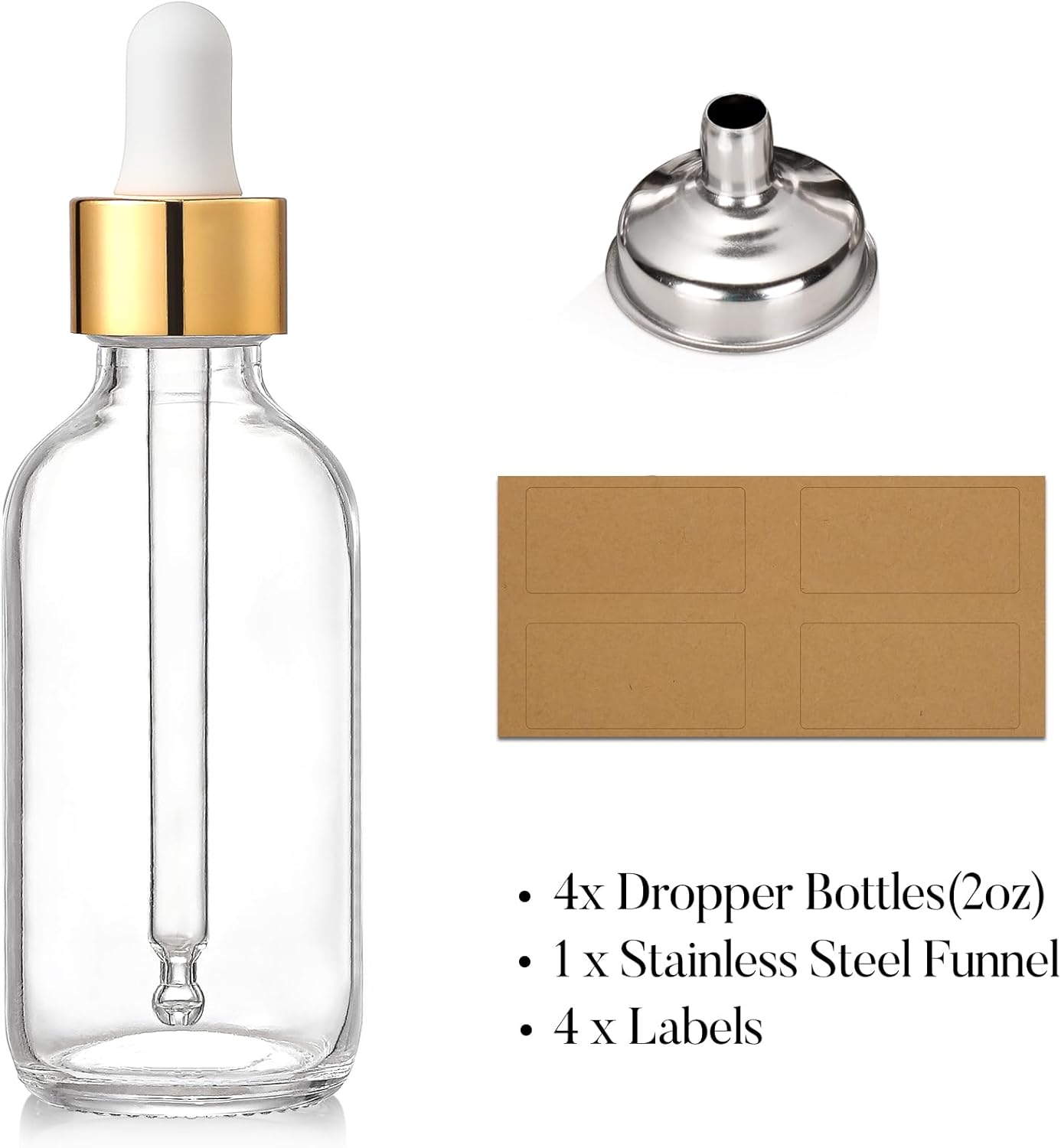 4 Pack, 2 oz Bottles with Dropper & 1 Funnel & 4 Labels - Essential Oils Bottles for Health, Personal Care & Beauty - 60ml Thick Dark Amber Glass Tincture Bottles, Refillable Cosmetic Containers