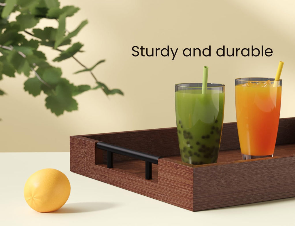 Bamboo Set of 2 Serving Tray with Metal Handles,Ottoman Decorative Trays Platter for Coffee Table,Living Room,Bar,Party(Black)