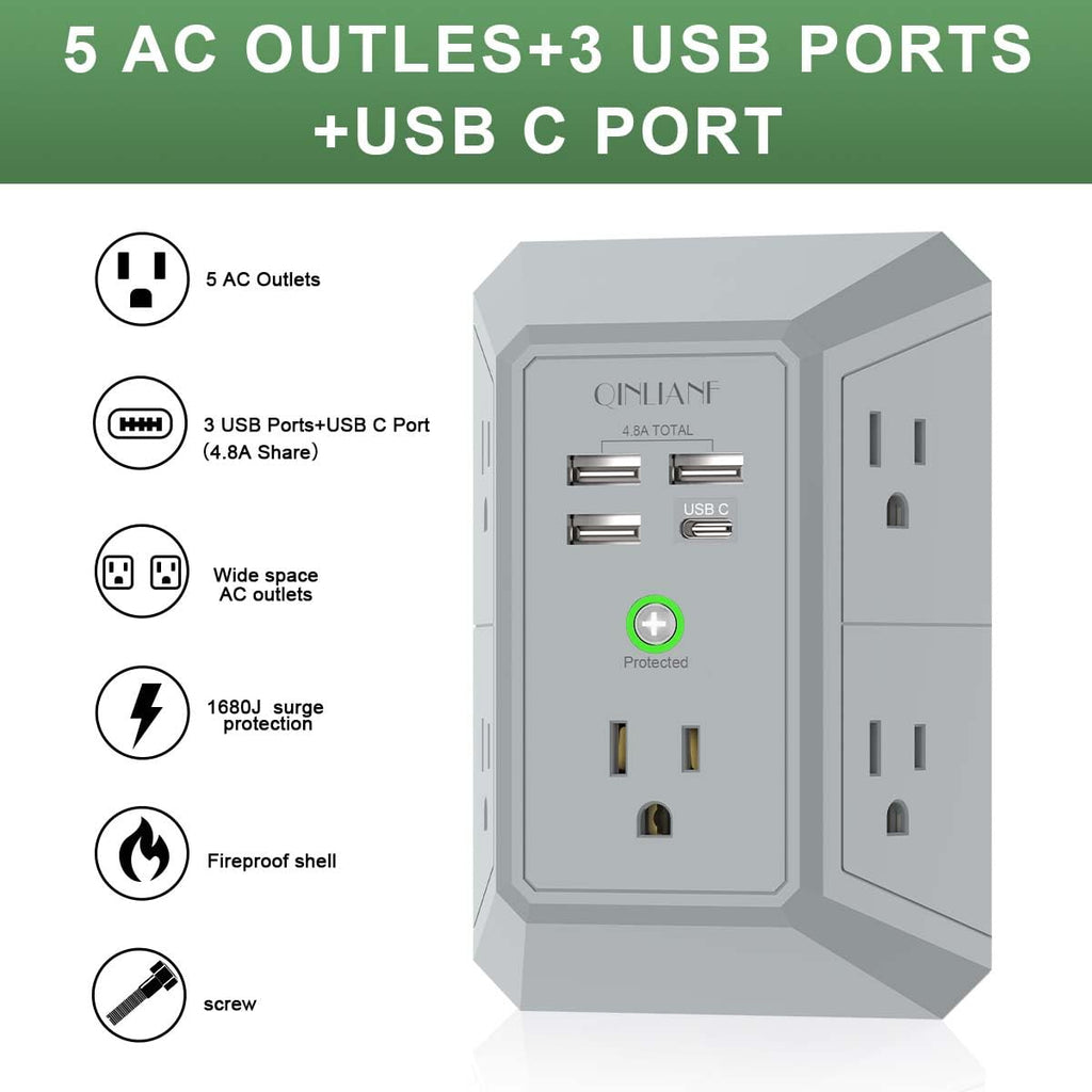Wall Charger, Surge Protector, QINLIANF 5 Outlet Extender with 4 USB Charging Ports (4.8A Total) 3-Sided 1680J Power Strip Multi Plug Adapter Spaced for Home Travel Office (3U1C)