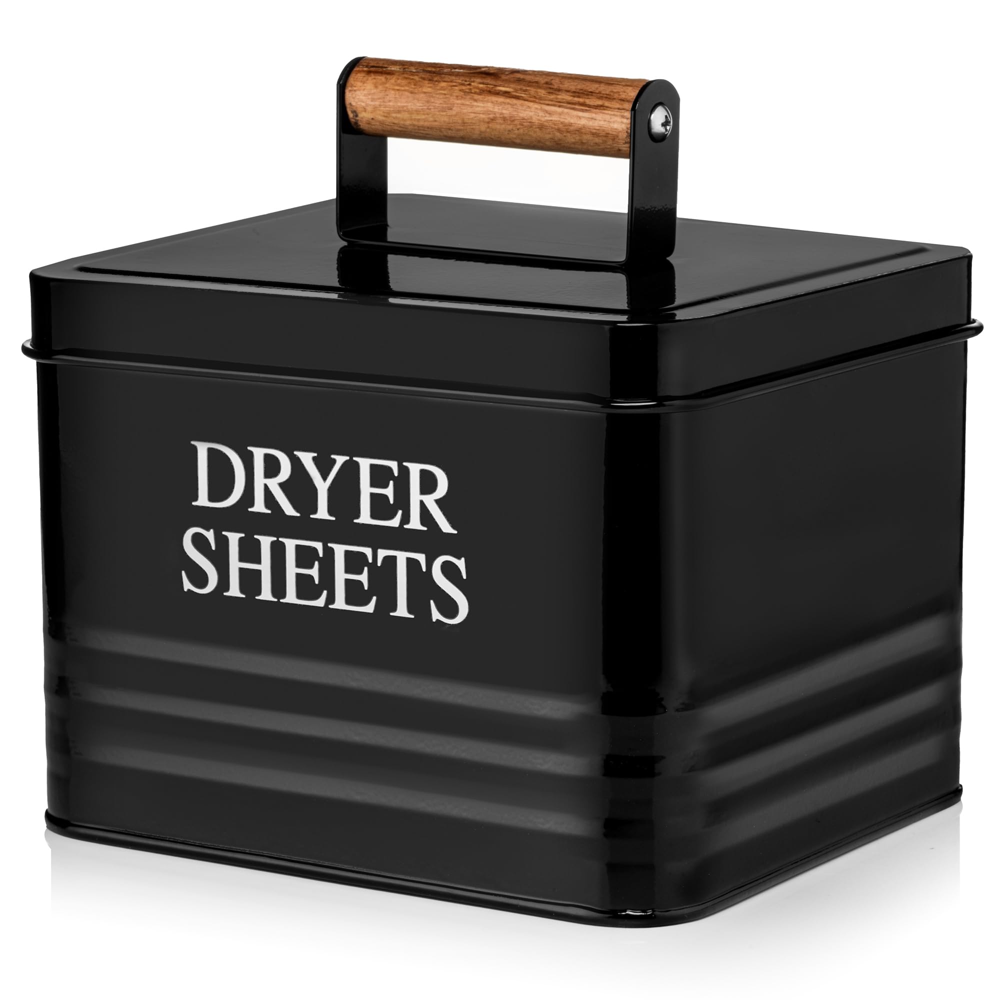 Calindiana Modern Farmhouse Metal Laundry Dryer Sheets Holder Fabric Softener Dispenser with Lid for Laundry Room Decor and Accessories and Space Saving Laundry Organization and Storage, Glossy Black