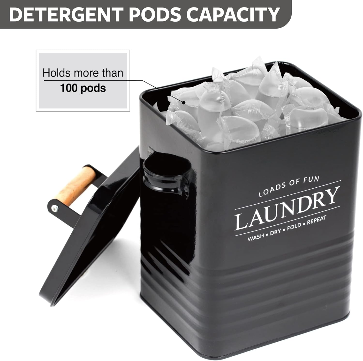 Calindiana Modern Farmhouse Metal Laundry Soap Dispenser Container Holder with Scoop for Laundry Room Decor and Space Saving Laundry Room Organization and Storage, Laundry Powder Container, Black