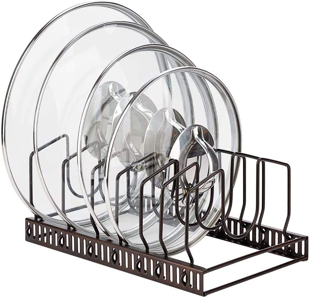 Toplife Pots and Pans Organizer Rack for Cabinet and Countertop, 10+ Pot Lids, Bakeware and Cookware Holder with 10 Adjustable Compartments - Black