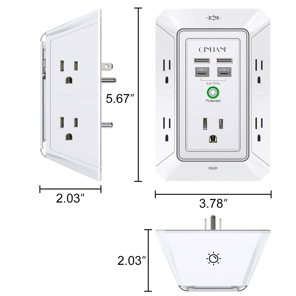 Wall Charger, Surge Protector, QINLIANF 5 Outlet Extender with 4 USB Charging Ports (4.8A Total) 3-Sided 1680J Power Strip Multi Plug Adapter Spaced for Home Travel Office (3U1C)