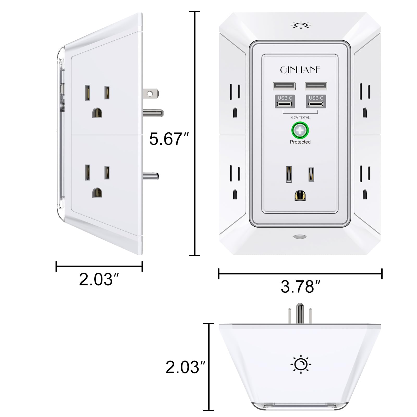 Wall Charger, Surge Protector, QINLIANF 5 Outlet Extender with 4 USB Charging Ports (4.8A Total) 3-Sided 1680J Power Strip Multi Plug Adapter Spaced for Home Travel Office (3U1C)