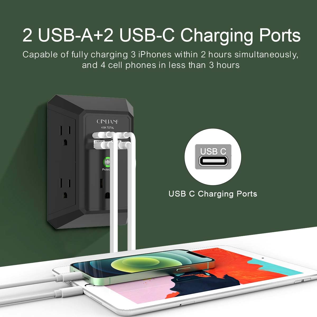 Wall Charger, Surge Protector, QINLIANF 5 Outlet Extender with 4 USB Charging Ports (4.8A Total) 3-Sided 1680J Power Strip Multi Plug Adapter Spaced for Home Travel Office (3U1C)